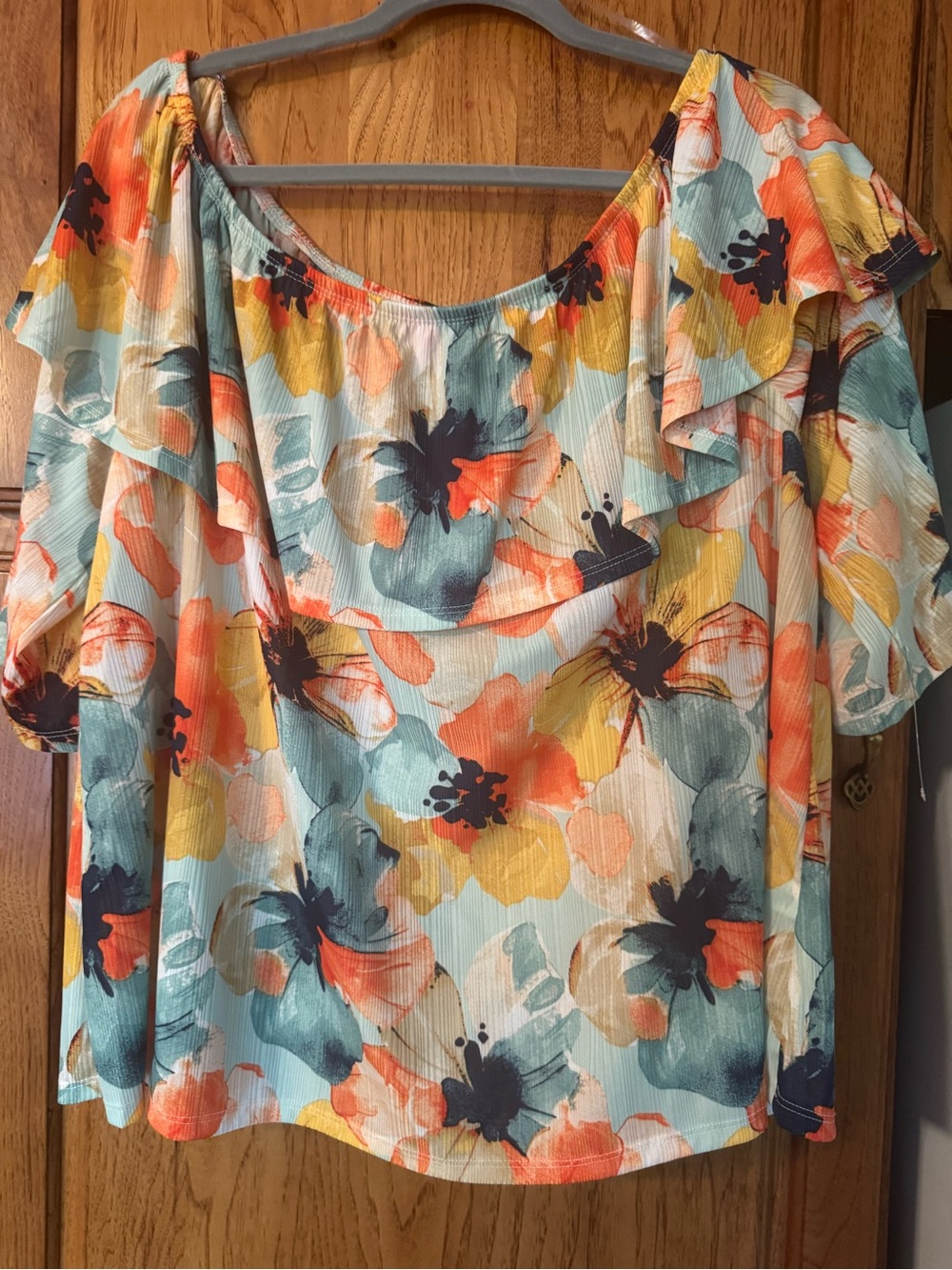 Cato Aqua Floral Ruffle Off-Shoulder Blouse